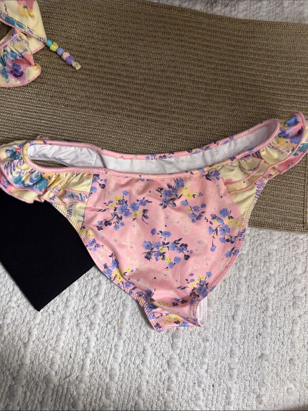 LoveShackFancy XS Pink Floral Ruffle Bikini Set Beaded Tie Front Coquette - Picture 9 of 11